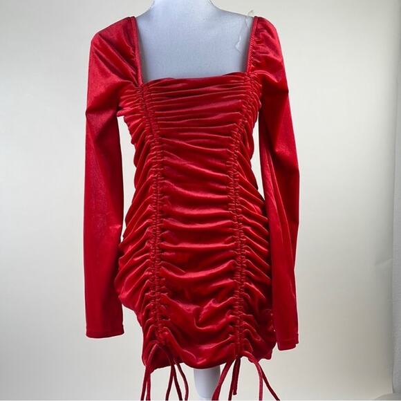 NEW TARGET Wild Fable Red Long Sleeve Ruched Tie Velvet Bodycon Mini Dress XL - Picture 5 of 14